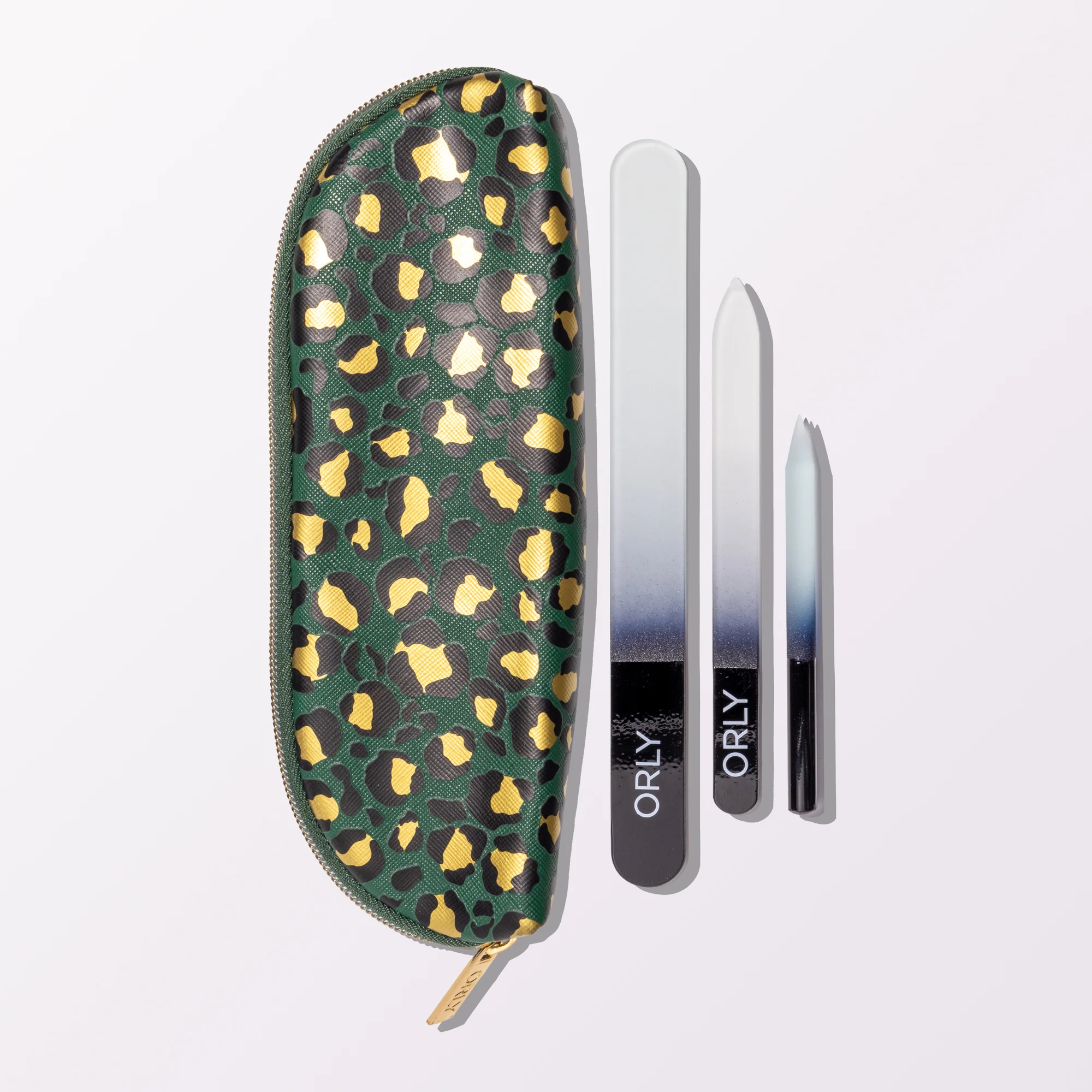 ORLY 3 Piece File Set With Emerald Green & Gold Leopard Print Case